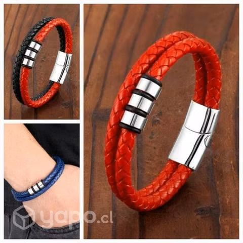 Pulsera Hombre Cuero Broche Iman Acero Inoxidable