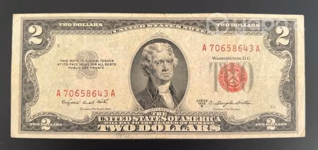 Billete 2 dolares sello rojo 1953 foto 100% real