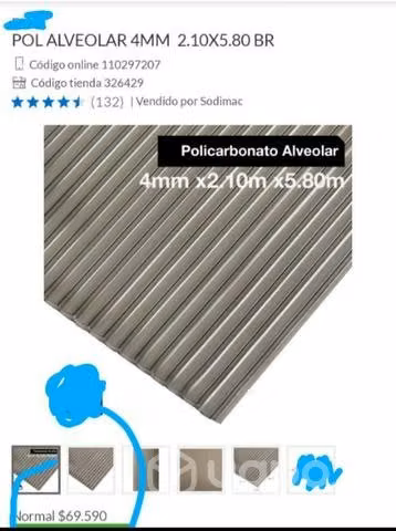 Plancha Policarbonato Alveolar 4mm 2.10 x 5.80