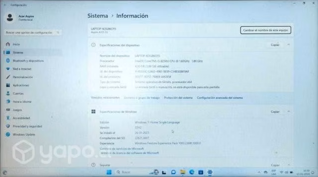 Notebook Acer modelo aspire 3 A315 - Imagen 2