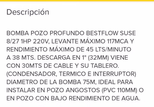 Bomba sumergible 1 hp ,levanta 117 mts