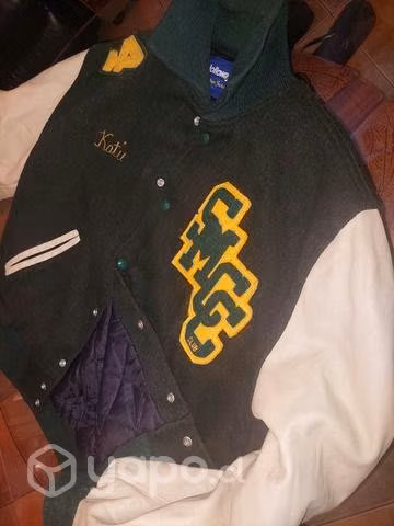 Chaqueta universitaria M , mangas cuero real