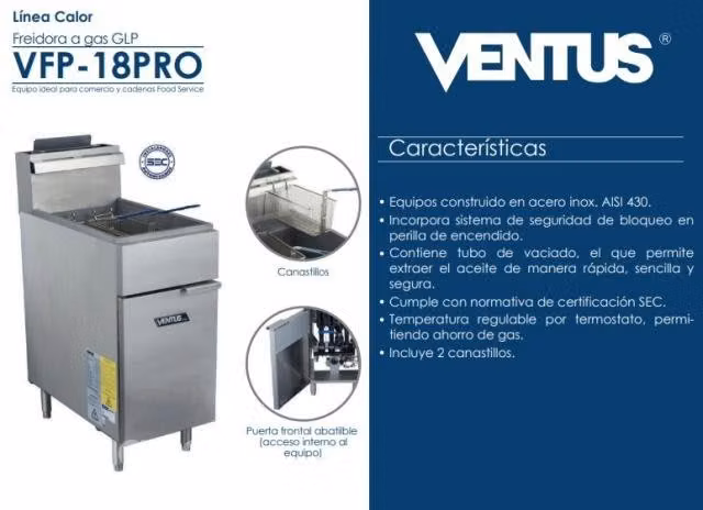 Freidora a gas , alta produccion 18 ltrs ventus