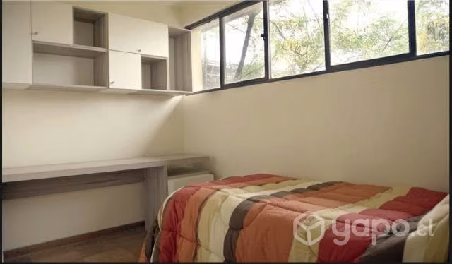 Cama, escritorio y repisa