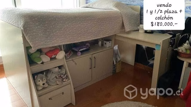 Cama 1 y 1/2 pza. con escritorio y repisas