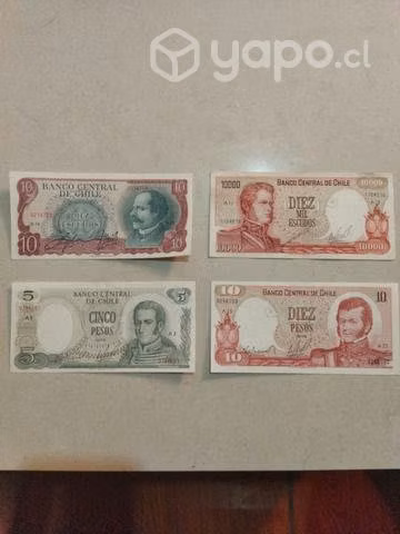 Billetes Diez y Diez mil escudos, cinco y diez pes