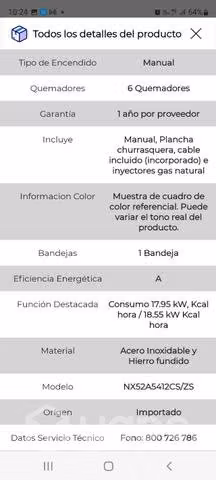 Cocina a gas 6 platos