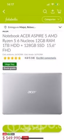 Acer aspire 5 12gb de ram, amd ryzen 5, 256 gb