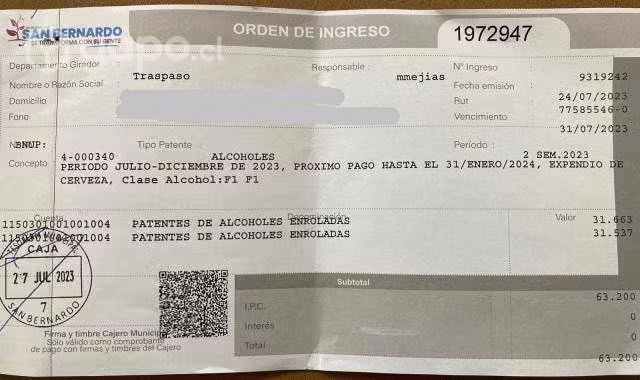 patente alcohol cevezas tipo F1 San Bernardo