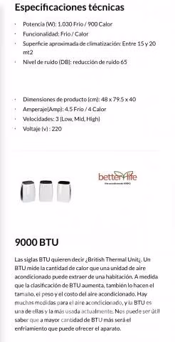 Aire acondicionado portátil betterlife 9000btu