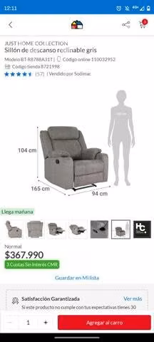 Sillón de descanso reclinable gris nuevo
