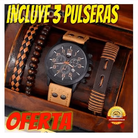 Reloj De Hombre Con Calendario Incluye 3 Pulseras