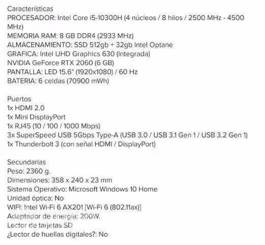 Notebook Hp Omen Core I5-10300h / 8gb / Ssd 512 / - Imagen 4