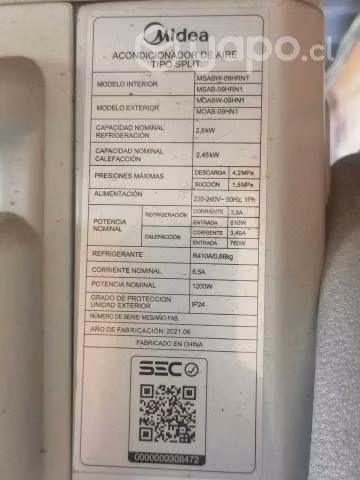Aire acondicionado Midea 9000 BTU - Imagen 2