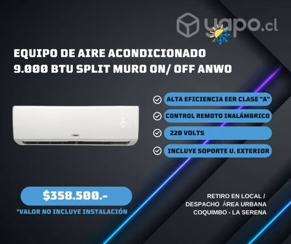Equipo de aire acondicionado 9.000 btu on/off anwo