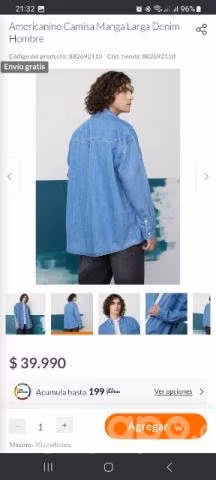 Camisa Manga Larga Americanino Denim Algodón Nuev