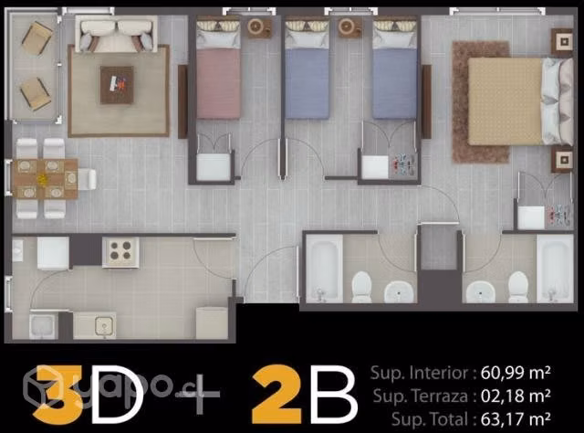 Departamento en rancagua, 3 habitaciones y 2 baños