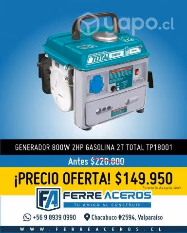 Generador 800w 2hp gasolina 2t total tp18001