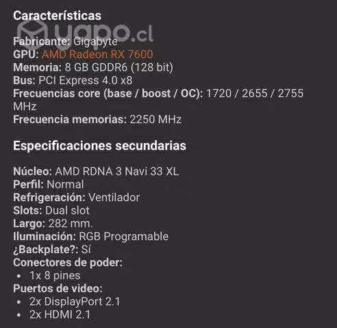 Tarjeta gráfica GIGABYTE RX 7600 8GB - Imagen 3