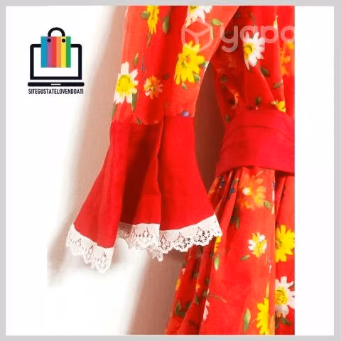 Vestido de Huasa Rojo Flores y Cinta en Cintura