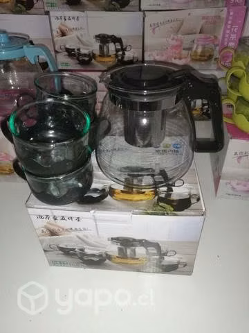 Set tetera de vidrio + 4 tazas de vidrio