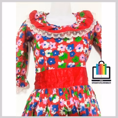 Vestido de Huasa Rojo Flores con Vuelos y Cinta en