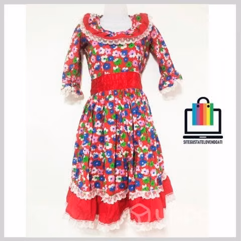Vestido de Huasa Rojo Flores con Vuelos y Cinta en
