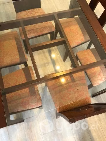 Juego comedor 6 pers vidrio y madera