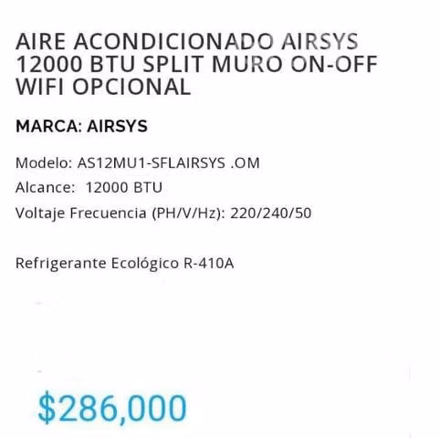 Aire acondicionado nuevo airsys modelo120000
