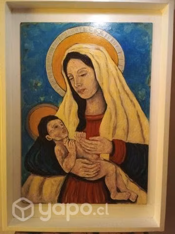 PINTURA de la virgen y jesus oleo sobre madera
