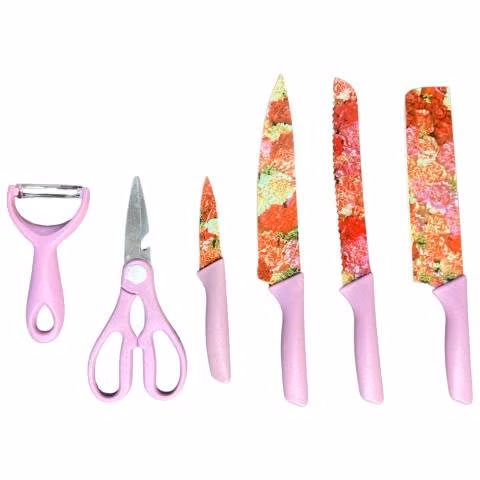 Set Rosado De Cuchillos Floreados Juego Premium
