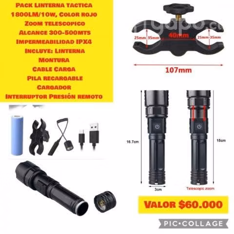 Linterna Táctica Luz roja recargable