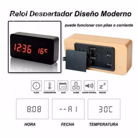 Reloj Despertador Digital Madera Luz Led ak82