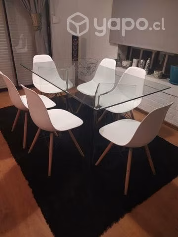 Comedor vidrio 12 mm + 6 sillas + alfombra Shaggy