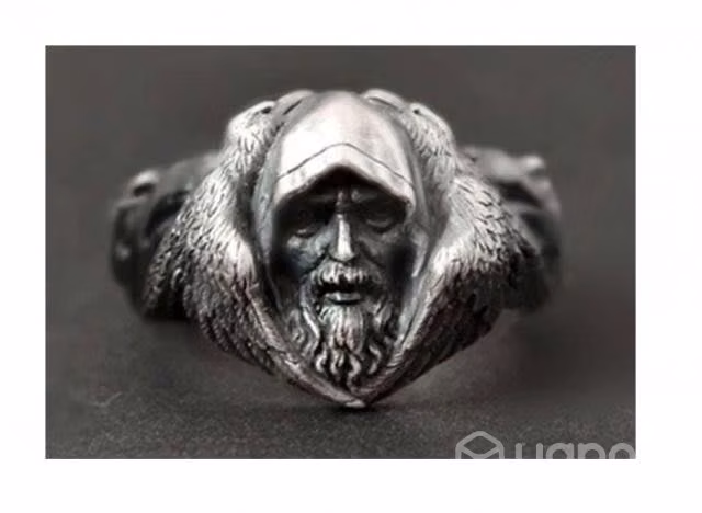 Anillo Celta / Vikingo, Con Rostro, Lobos Y Cuervo