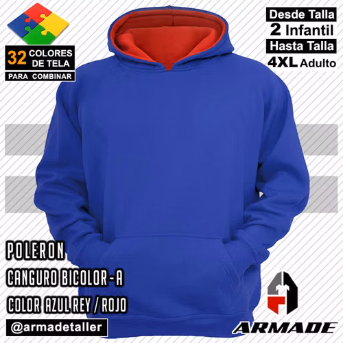 Poleron Canguro Bicolor Azul Rey / Rojo Algodón Armade Taller