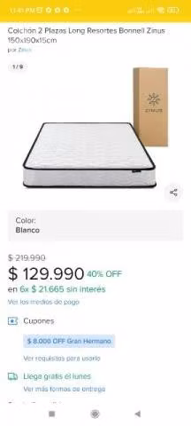 Colchón 2 plazas, 3 meses de uso