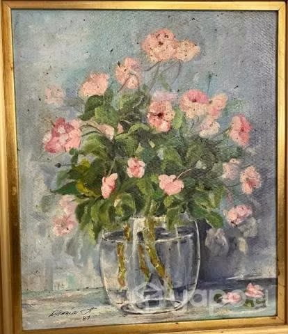 Antiguo óleo de rosas año 1987