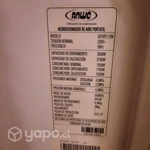 Acondicionador de Aire Frio/Calor Portatil 12000