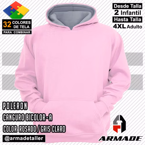Poleron Canguro Bicolor Rosado / Gris Claro Algodón Armade Taller