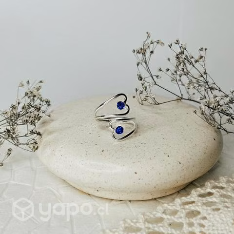Anillo Ajustable Plata 925 Corazones y Zafiro