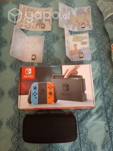 Nintendo Switch + Caja + 4 juegos + Estuche