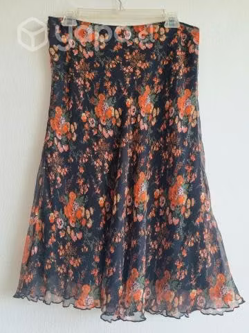 Falda seda, estampada flores. Forro, cierre. S/M - Imagen 3
