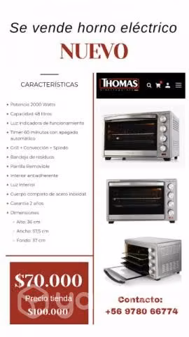 Horno eléctrico, marca Thomas, NUEVO