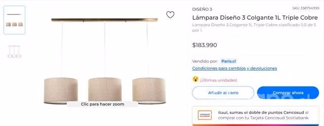 Lámpara Diseño 3 Colgante 1L Triple Cobre (nuevo)