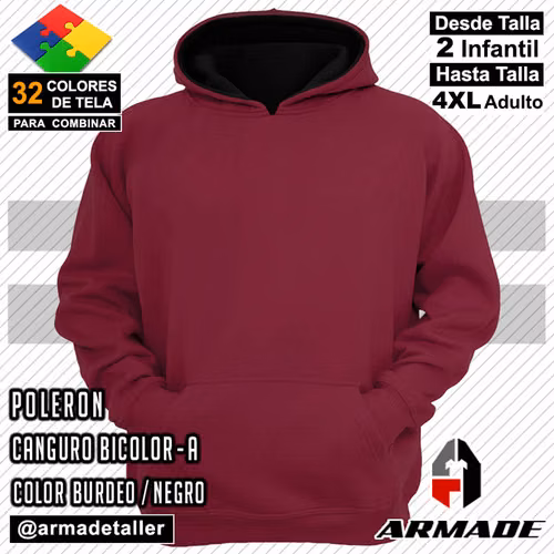 Poleron Canguro Bicolor Burdeo / Negro Algodón Armade Taller