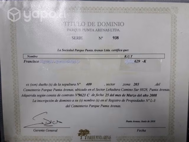 Sepultura, cementerio Parque Punta Arenas