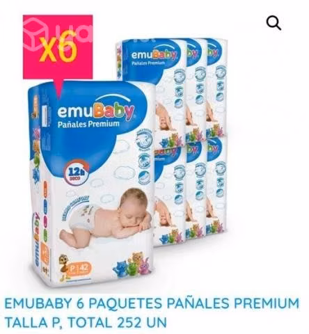 6 paquetes pañales Emubaby talla P