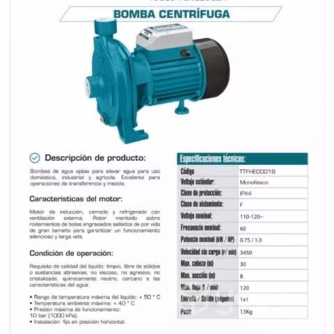 Bomba centrífuga 1hp total 750w