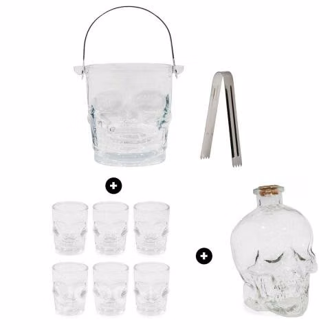 Pack bar calaveras botella + 6 vasos shot y hieler